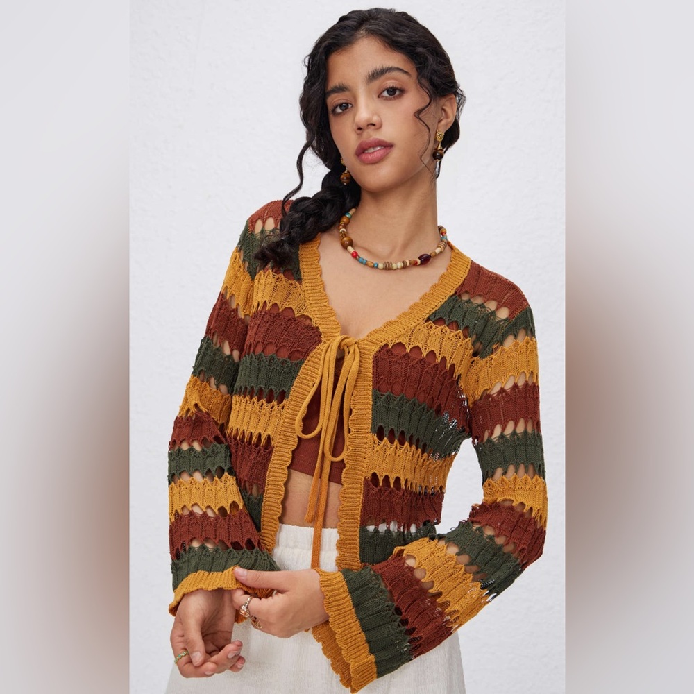 Cider Knit V-Neck Striped Knotted Crochet Boho Flare Sleeve Cardigan Sweater XL